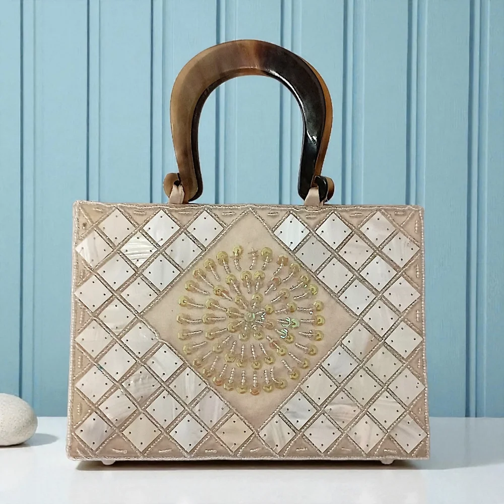 Mod by Design Mother of Pearl Mosaic Bag   Beaded Satin Lucite‎ Handles MCM Vtg
